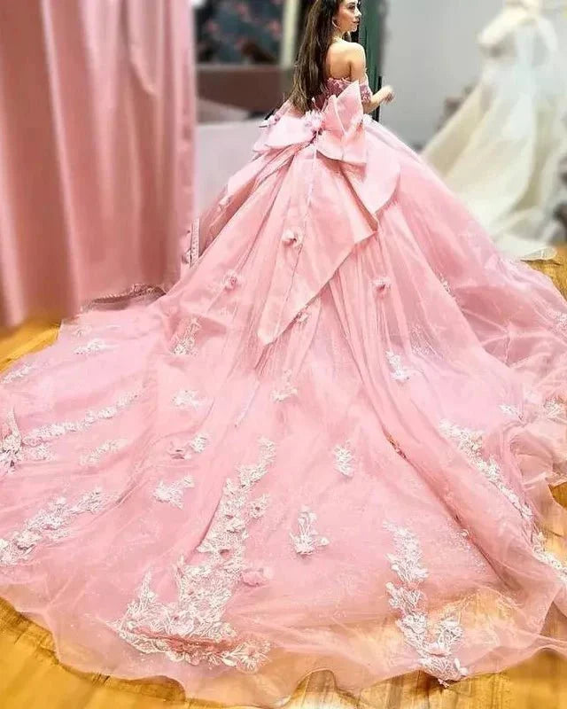 Off The Shoulder Lace Up Back Appliques Tulle  Wedding Dresses